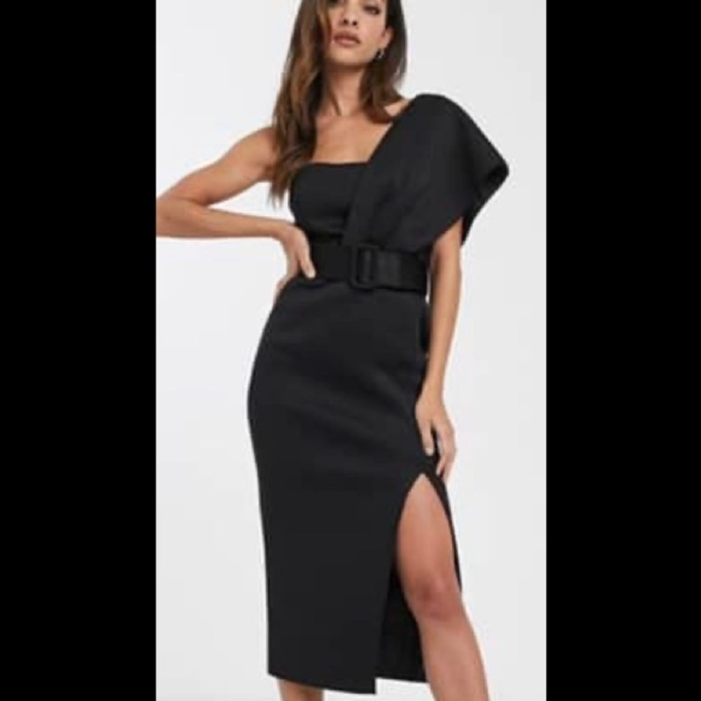 ASOS one shoulder black cocktail dress. Stretchy.